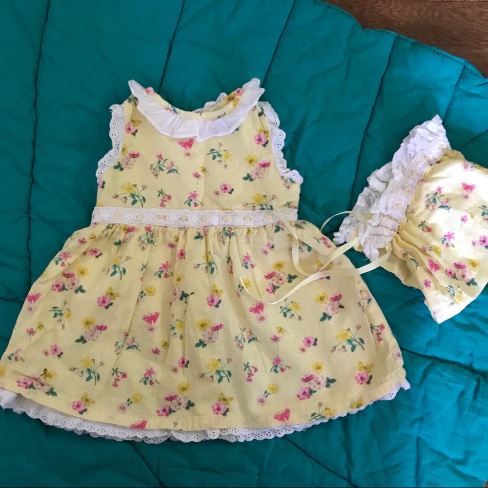 Yellow floral vintage dress and bonnet